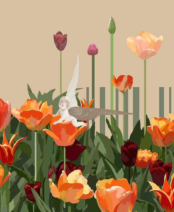  A little angel with tulips Digital Art by Victoria Fomina