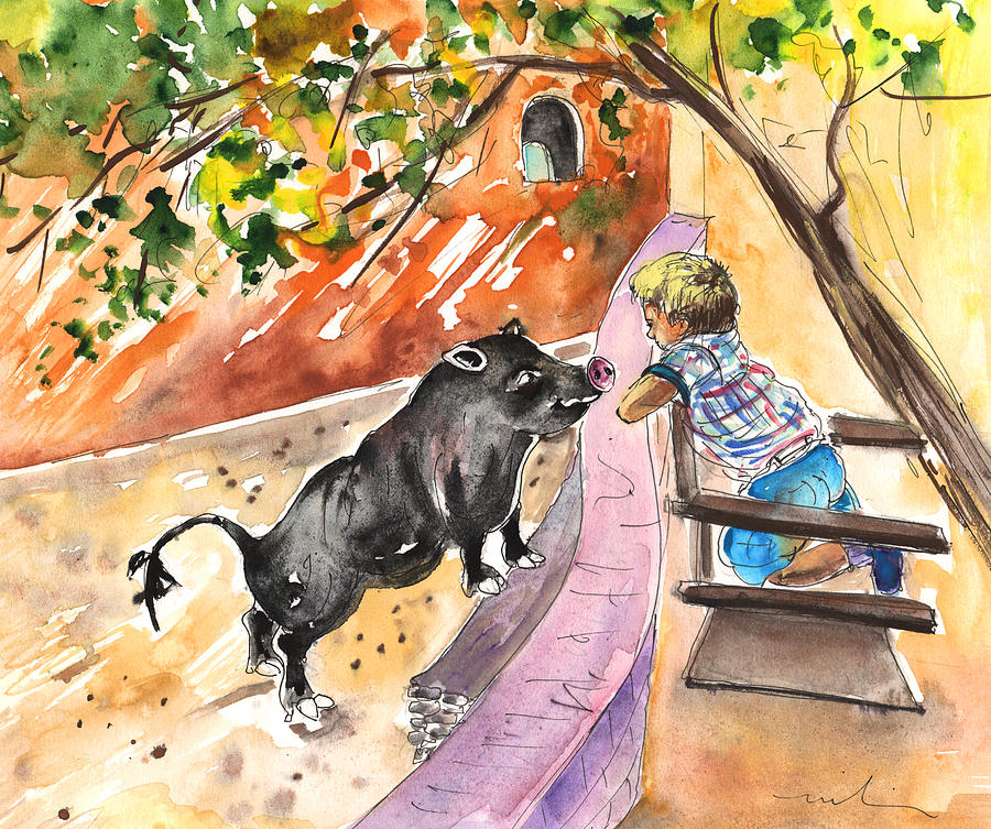 The Little Boy and The Black Pig Painting by Miki De Goodaboom