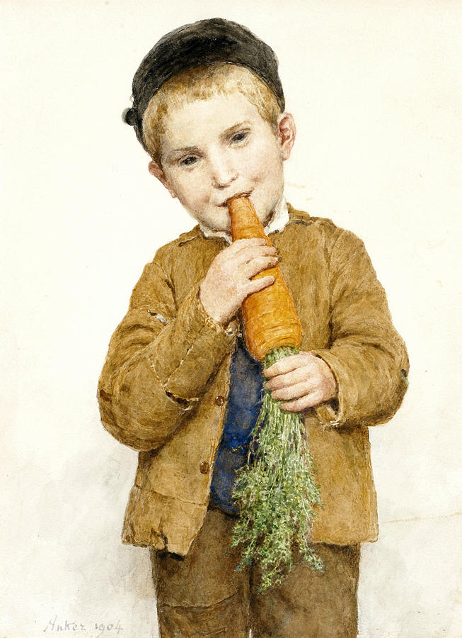 The Little Boy with the Big Carrot Drawing by Albert Anker