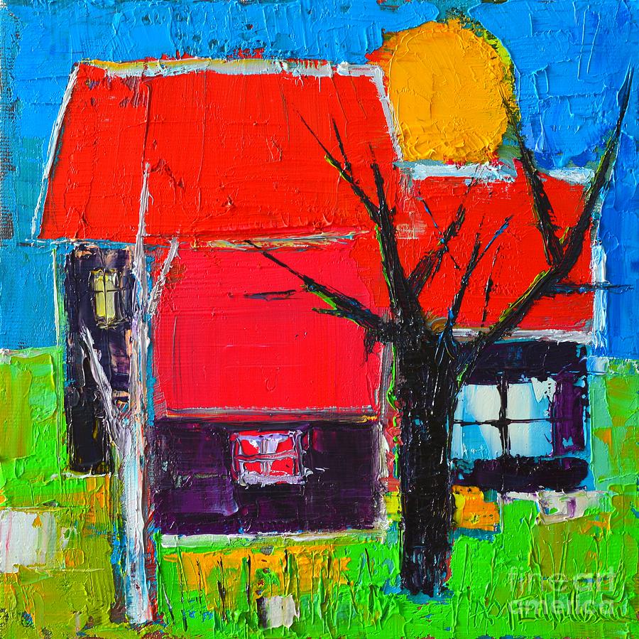 Abstract Painting - The Little Village With Three Houses Two Trees And One Sun by Ana Maria Edulescu