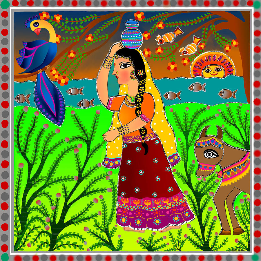 The Lonely Radha-Madhubani style-Digital Digital Art by Latha Gokuldas Panicker
