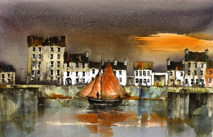 Sunset Painting - The Long Walk Sunset Galway Citie by Val Byrne