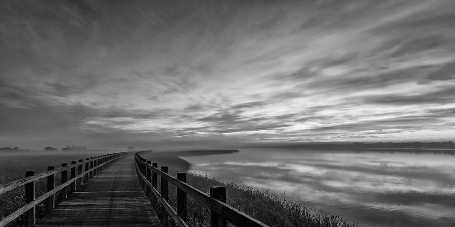 Black And White Photograph - The Long Wooden Footbridge. Dark Version. by Leif L?ndal