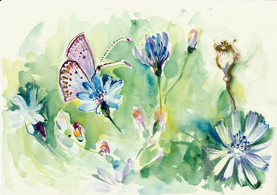 The Love Between Butterfly and Chicory Painting by Tiberiu Soos