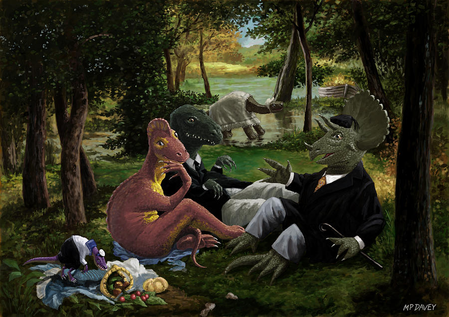 The Luncheon on the Grass with dinosaurs Painting by Martin Davey