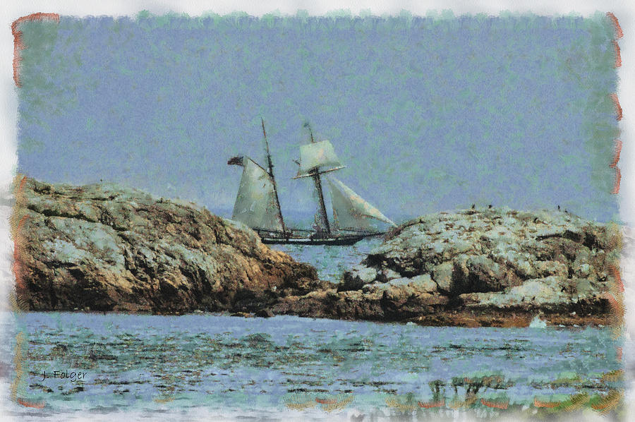 The Lynx seen past the dangerous rocks off Marblehead MA. Photograph by Jeff Folger