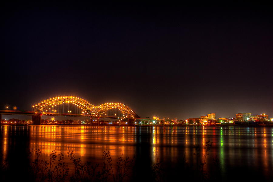 Memphis TN The M Bridge Night Reflections Mississippi River Architectural Art Photograph by Reid Callaway