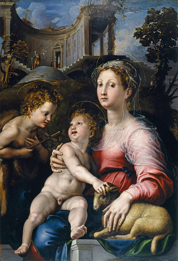 Giulio Romano Painting - The Madonna and Child with Saint John the Baptist by Giulio Romano