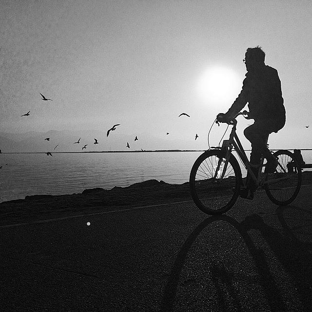 Black And White Photograph - The man biking at the seaside by Volkan Kaya