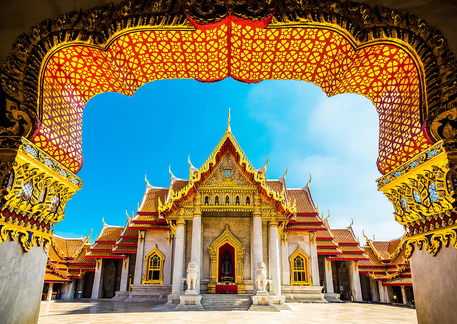 The Marble Temple in Bankgok Thailand. Locally known as Wat Benchamabophit. Photograph by Kundoy