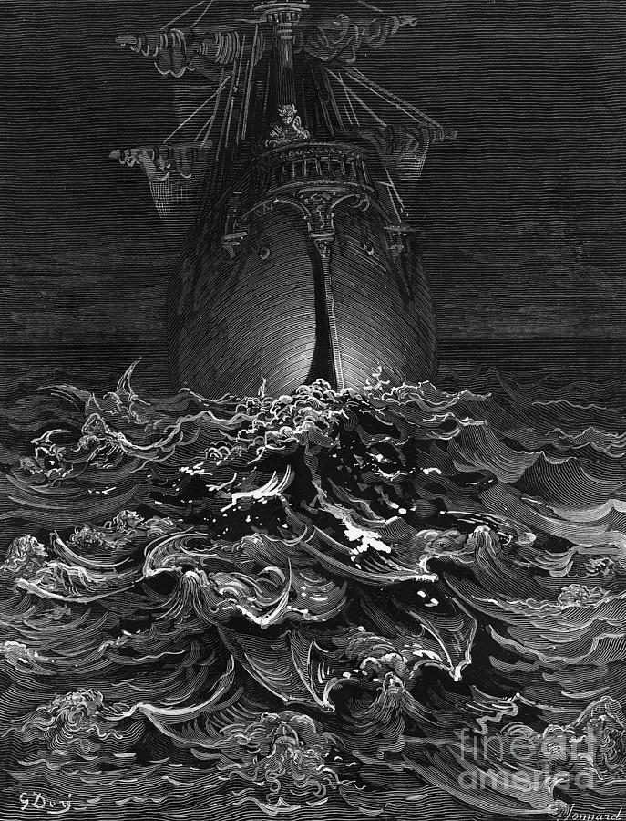 The Mariner gazes on the ocean and laments his survival while all his fellow sailors have died Drawing by Gustave Dore