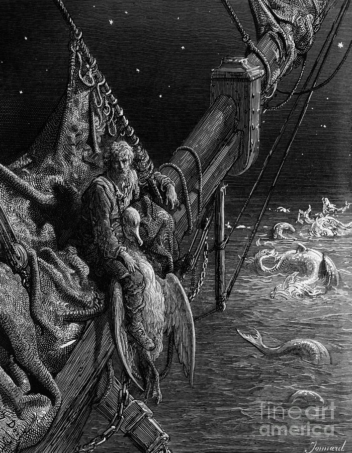 The Mariner gazes on the serpents in the ocean Drawing by Gustave Dore