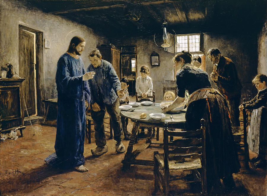 Fritz Von Uhde Painting - The Mealtime Prayer by Fritz von Uhde
