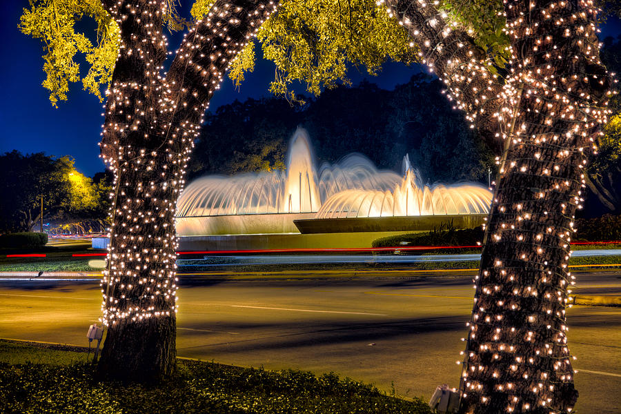 The Mecom Fountain at Christmas Photograph by Tim Stanley