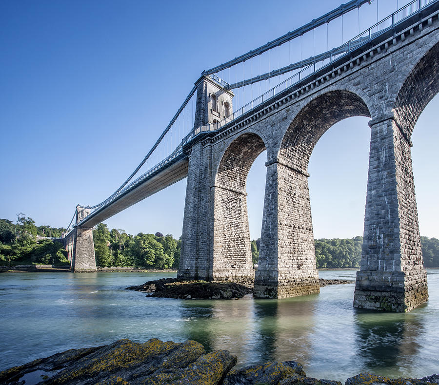 The Menai Suspension Bridge, built in 1826 by Thomas Telford. Photograph by Roy JAMES Shakespeare