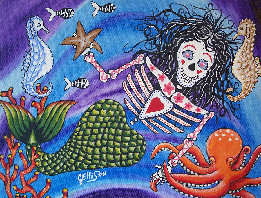 Octopus Painting - The Mermaid has many Friends by Julie Ellison