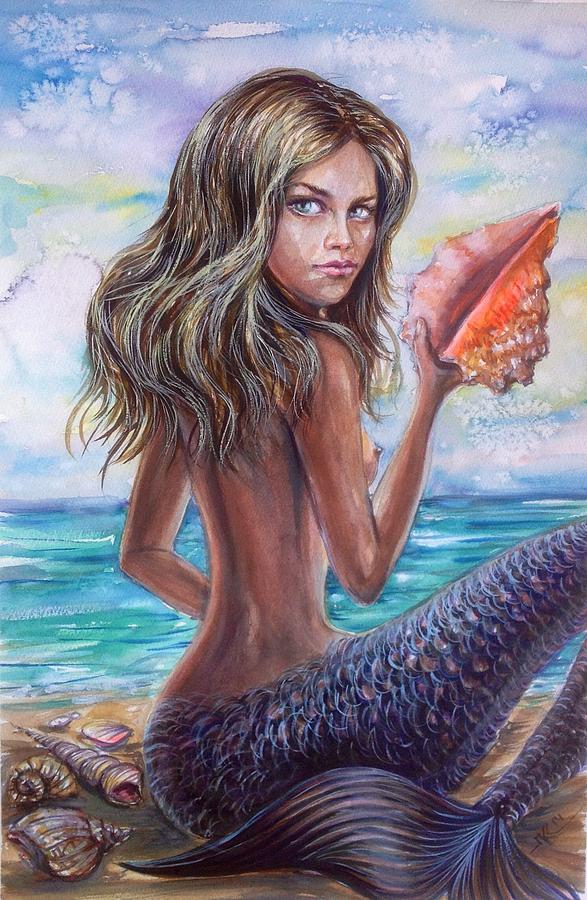 The mermaid with a conch shell Painting by Katerina Kovatcheva