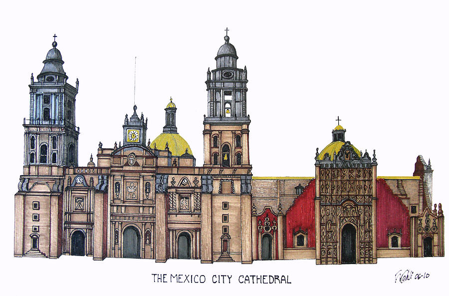 The Mexico City Cathedral Drawing by Frederic Kohli