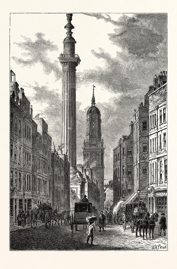 London Drawing - The Monument And The Church Of St by English School