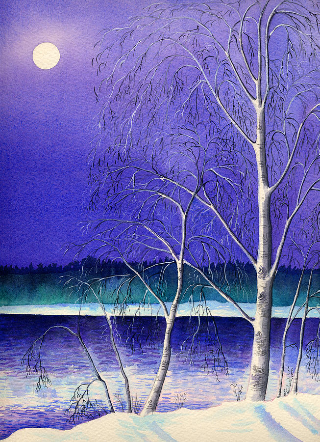 The Moon And Birch Trees Painting by Kate Shannon