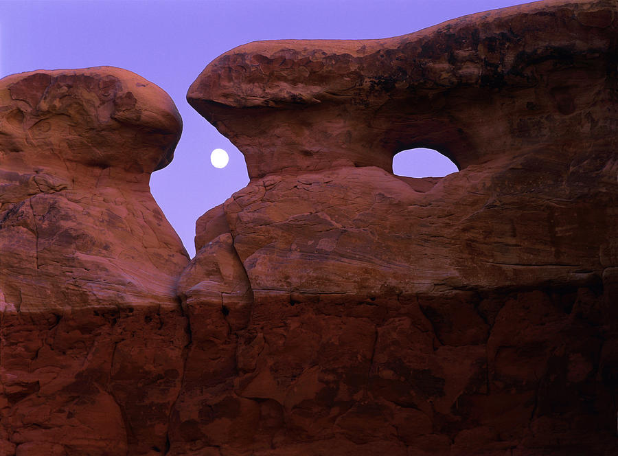 Desert Photograph - The Moon Rises Between Spectacular by Jerry Ginsberg