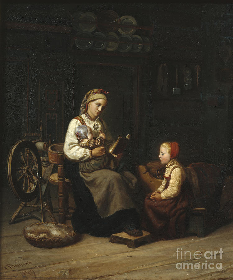 The mothers teaching Painting by Adolph Tidemand