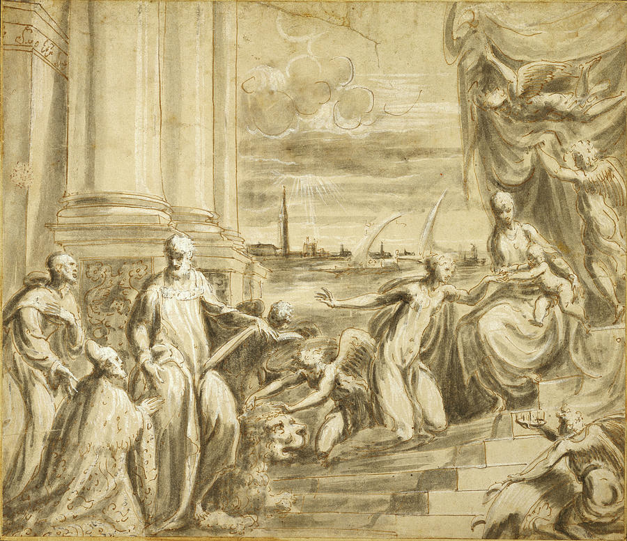 Pen Drawing - The Mystic Marriage Of Saint Catherine With Saints by Litz Collection