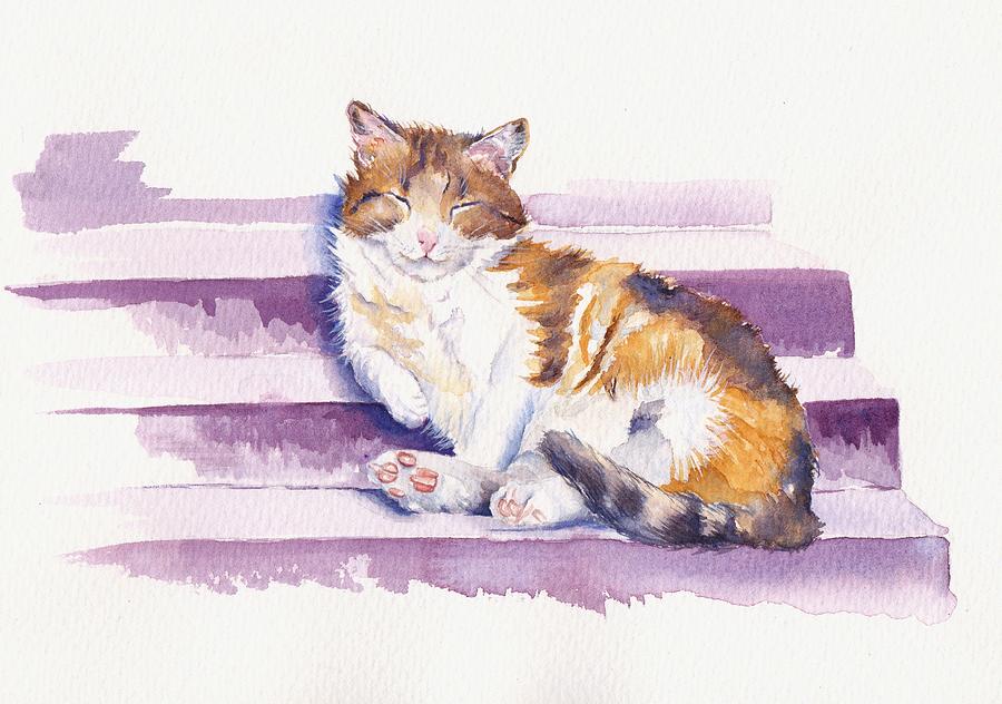 Cat Painting - The Naughty Step - Snoozing Cat by Debra Hall