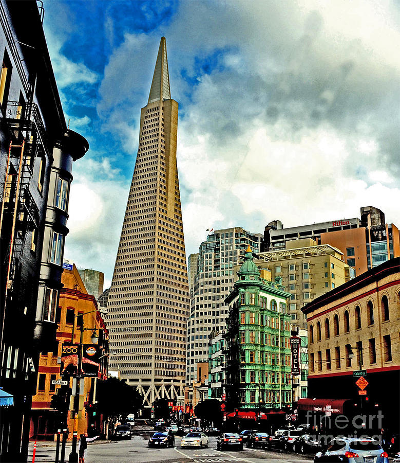 The Old and the New the Columbus Tower and the Transamerica Pyramid Altered Photograph by Jim Fitzpatrick