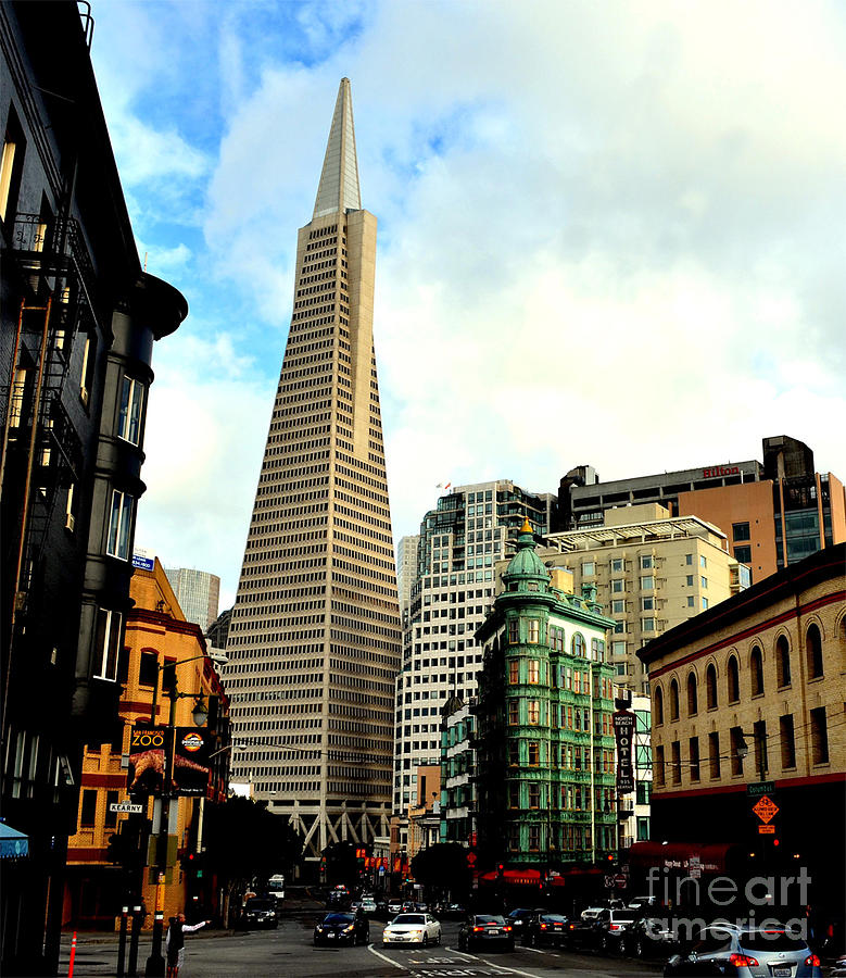 Car Photograph - The Old and the New the Columbus Tower and the Transamerica Pyramid by Jim Fitzpatrick
