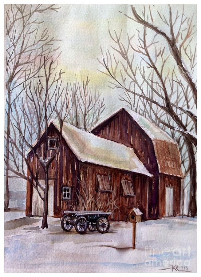 The old barn on a winter day Painting by Katerina Kovatcheva