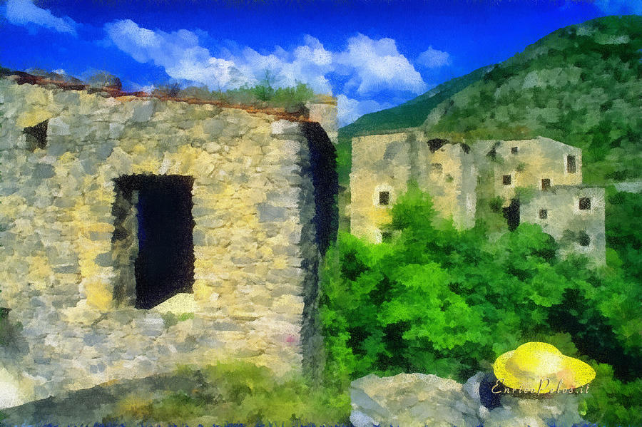 The old village and the yellow hat COLLETTA di CASTELBIANCO Mixed Media by Enrico Pelos