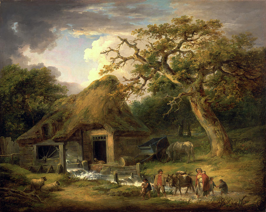 The Old Water Mill Rustic Family Passing A Watermill Signed Painting by ...