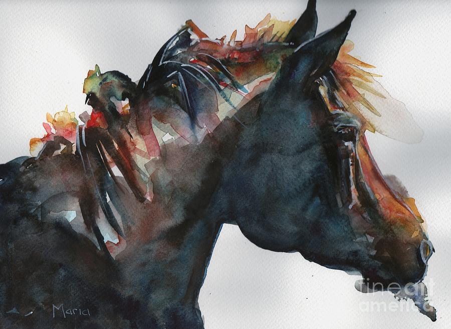 Black Horse painting in watercolor The Open Door Painting by Maria Reichert