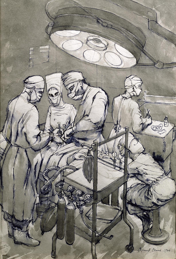 Surgeon Drawing - The Operation Theatre, 1966 by Osmund Caine