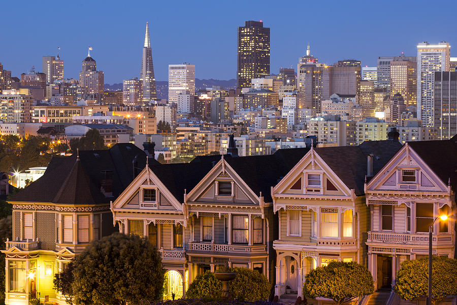 San Francisco Photograph - The Painted Ladies and San Francisco Skyline by Adam Romanowicz