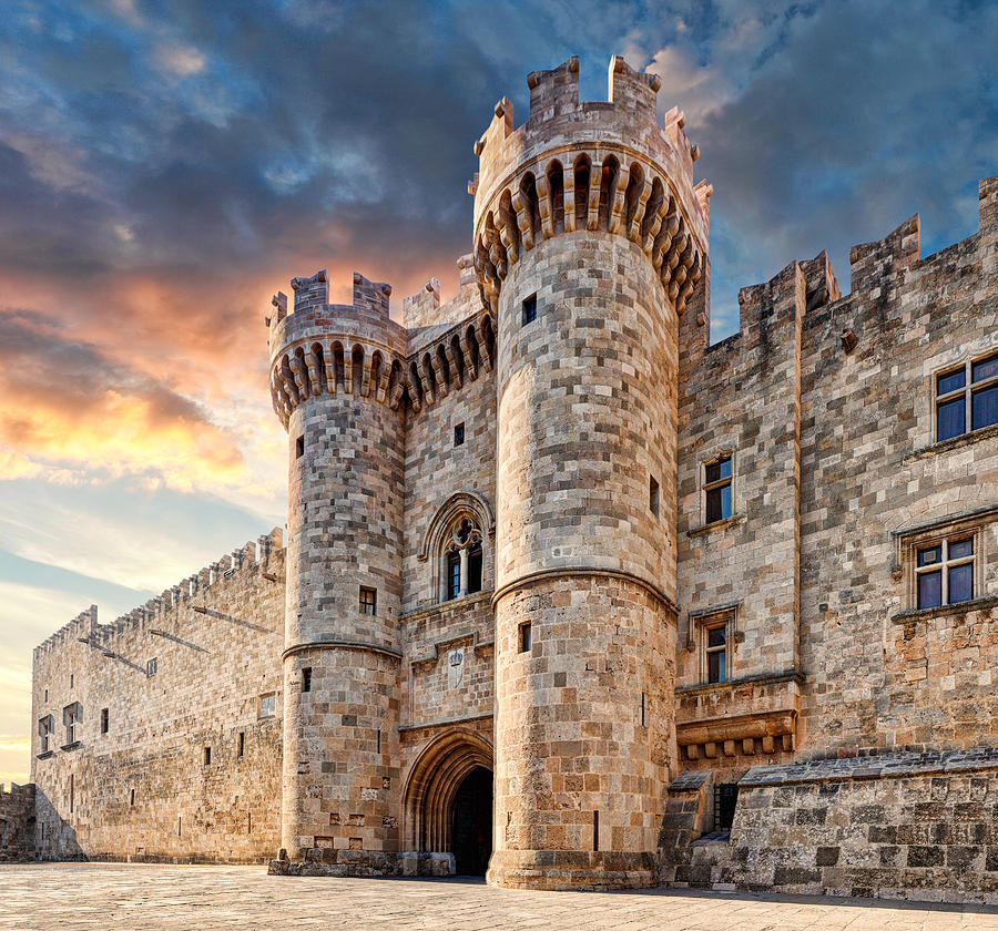 Rhodes, Greece, Grandmaster Palace architecture entry and towers Stock  Photo - Alamy