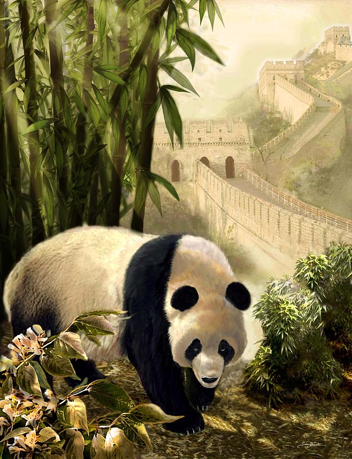 Landmark Painting - The panda bear and the Great Wall of China by Regina Femrite