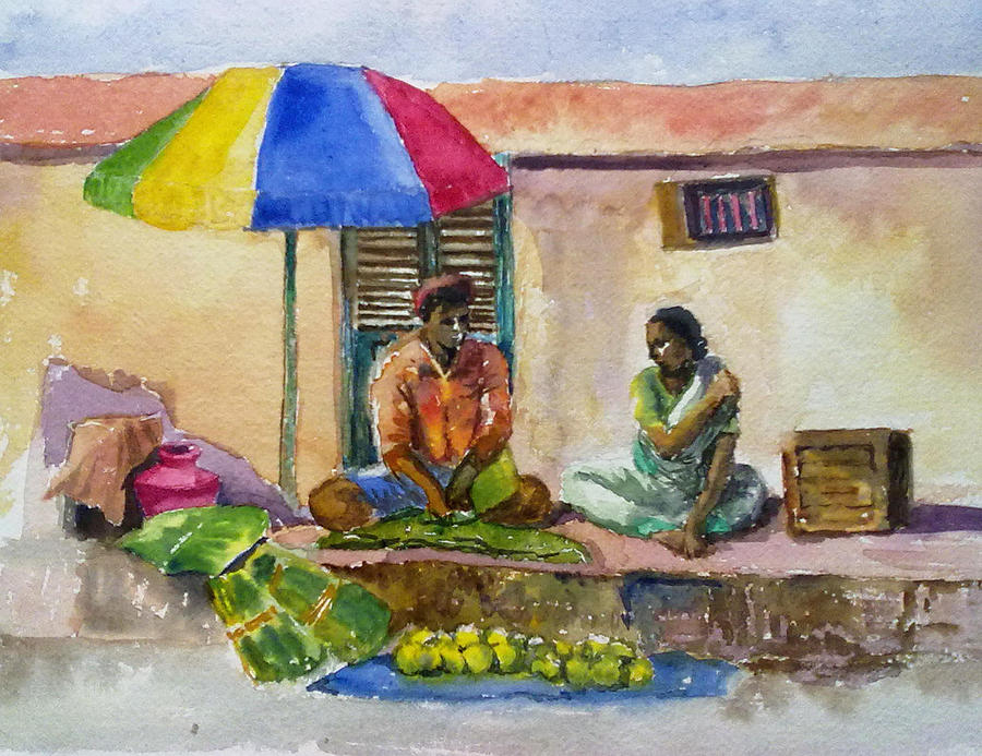 The pavement vendors Painting by Asha Sudhaker Shenoy
