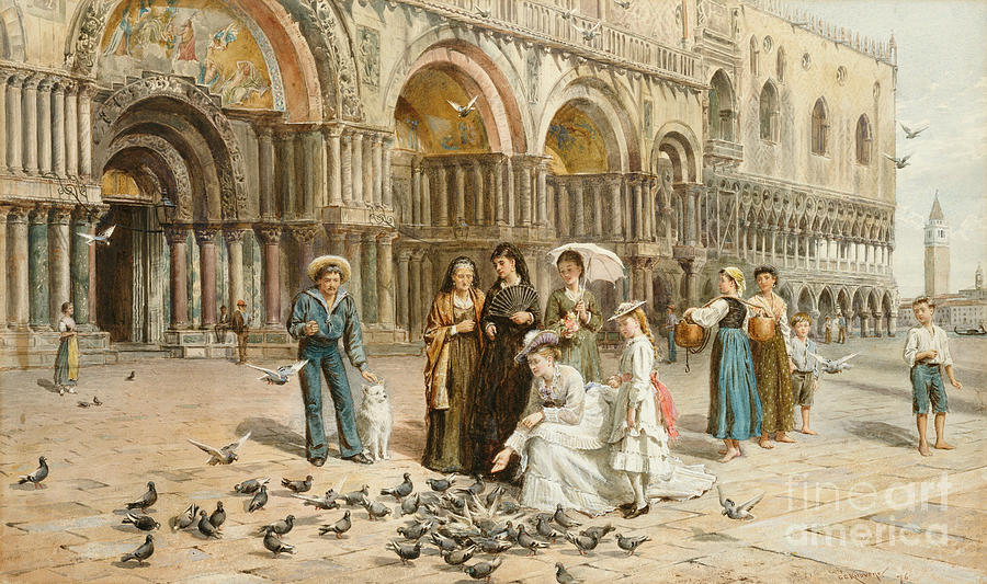 Bird Painting - The Pigeons of St Marks, Venice, Italy, 1876  by George Kilburne