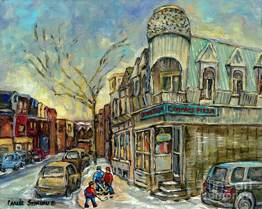 The Point Hockey Game Connies Pizza Winter Scene Paintings Montreal Art Carole Spandau Painting by Carole Spandau
