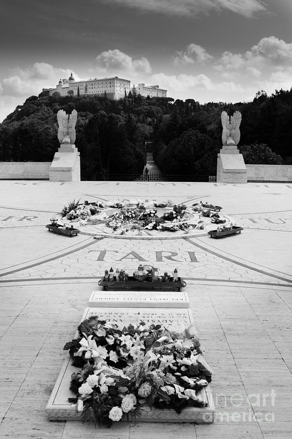 The Polish Cemetery at Montecassino with wreathes and the abbey  Photograph by Peter Noyce