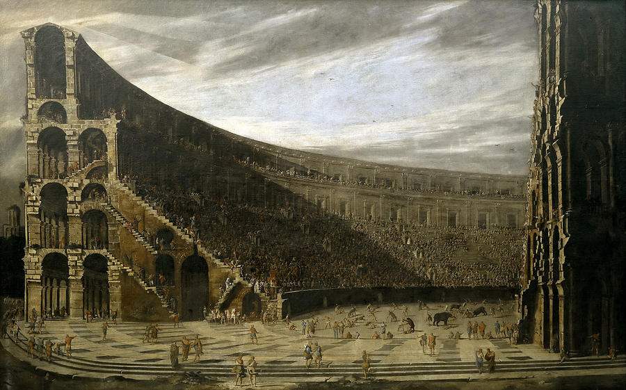 The prospect of a Roman amphitheater Painting by Viviano Codazzi and Domenico Gargiulo