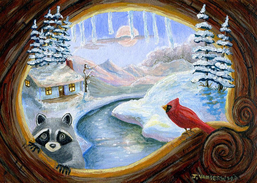 The Raccoon and the Cardinal Painting by Jacquelin L Vanderwood Westerman