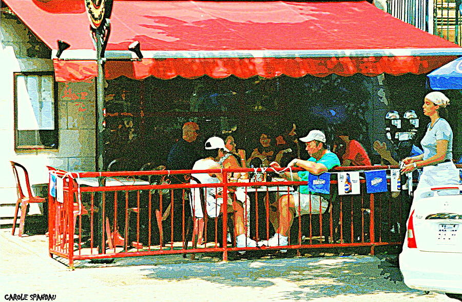 Cafes Painting - The Red Awning Cafe On St. Denis - A Shady Spot To Enjoy A Cold Beer On A Very Hot Sunday In July by Carole Spandau