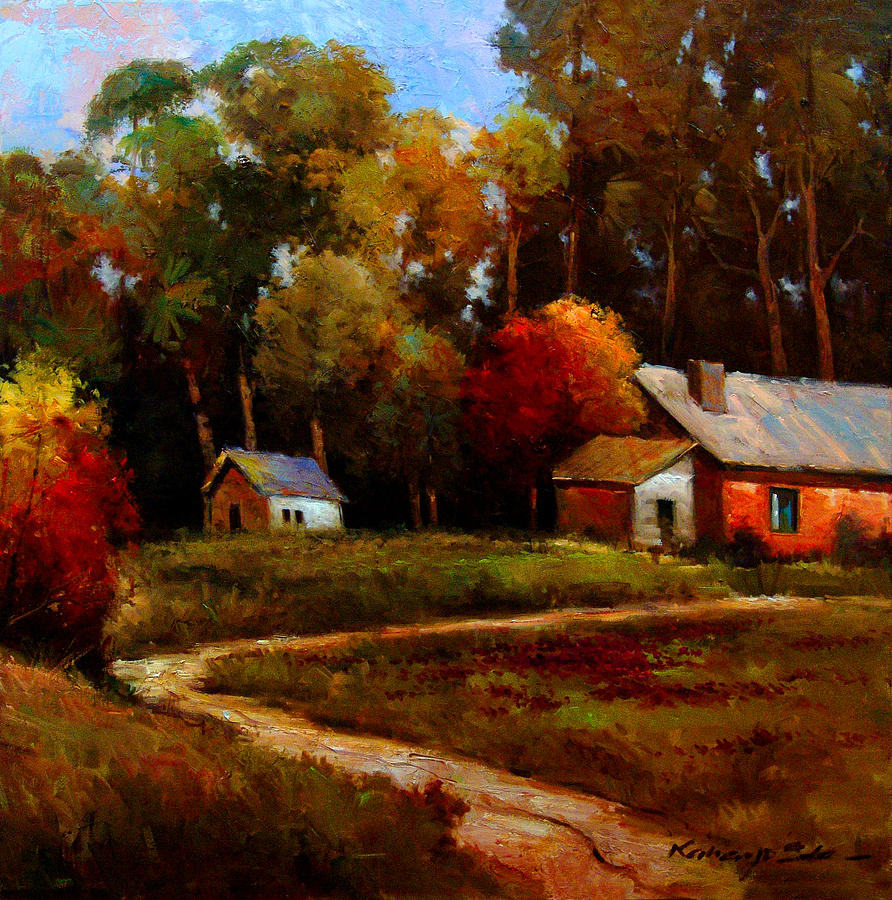 The Red Barn Bright Colored Landscape Print Painting By Kanayo Ede