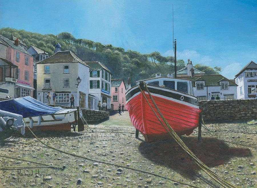 The Red Boat Polperro Corwall Painting by Richard Harpum