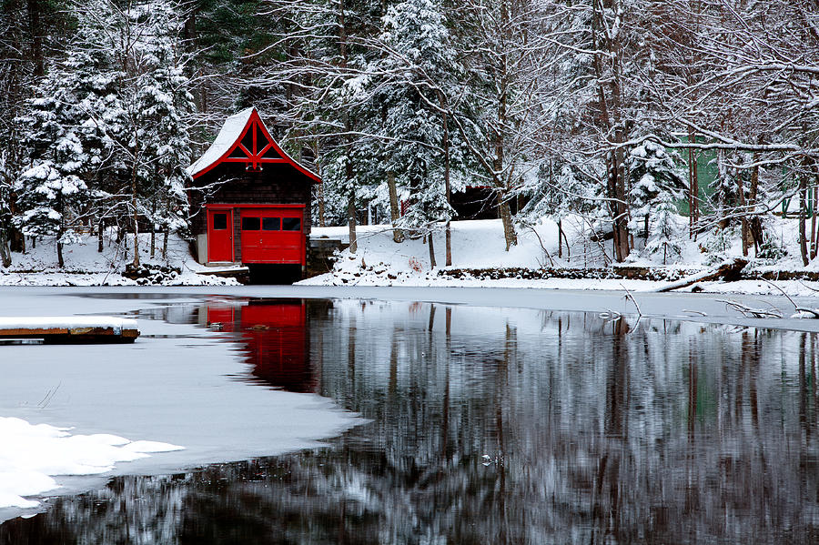 The Red Boathouse in Winter Photograph by David Patterson