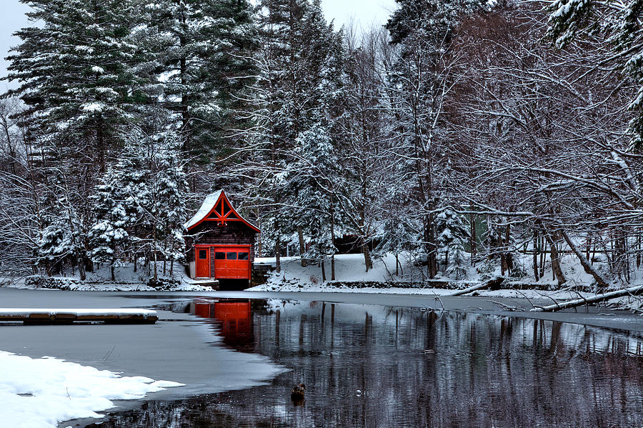 Winter Photograph - The Red Boathouse - Old Forge NY by David Patterson