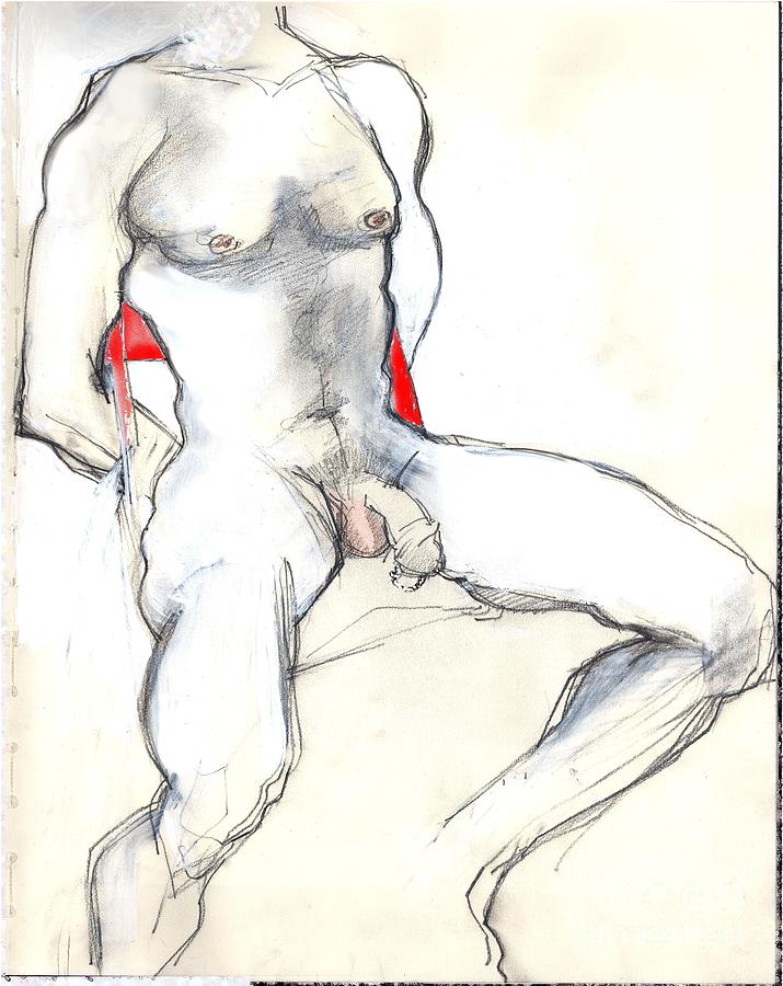 The Red Chair - male nude Mixed Media by Carolyn Weltman